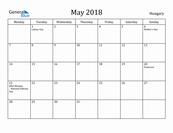 May 2018 Calendar Hungary