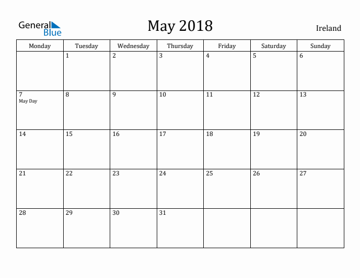 May 2018 Calendar Ireland
