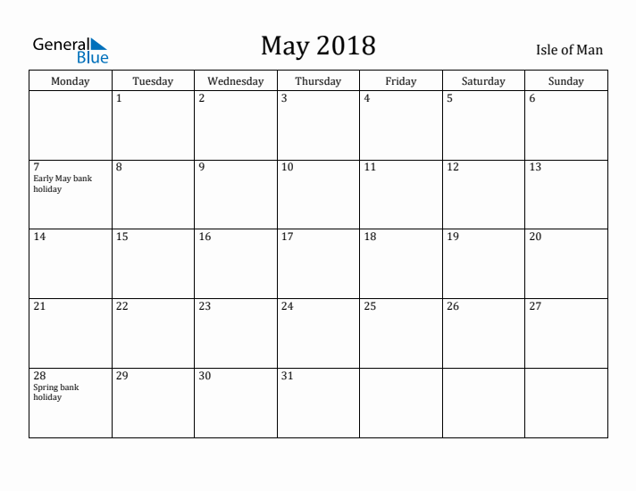May 2018 Calendar Isle of Man