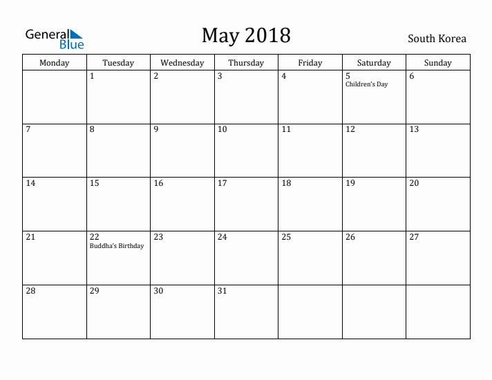 May 2018 Calendar South Korea