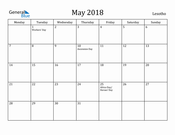 May 2018 Calendar Lesotho