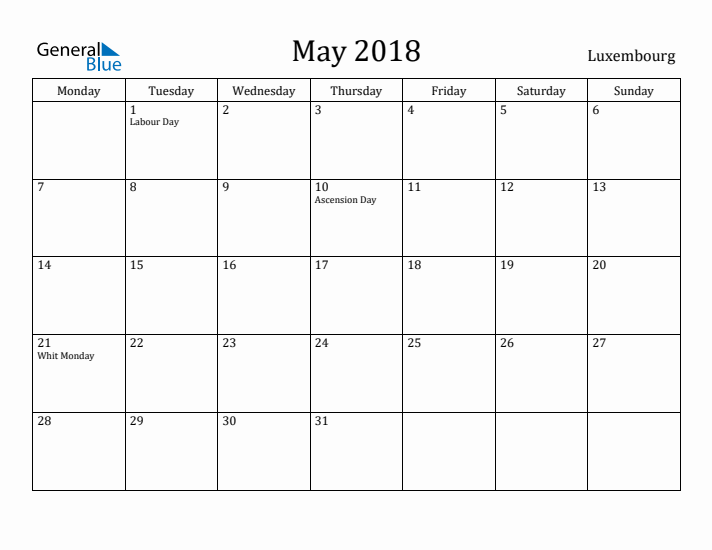 May 2018 Calendar Luxembourg