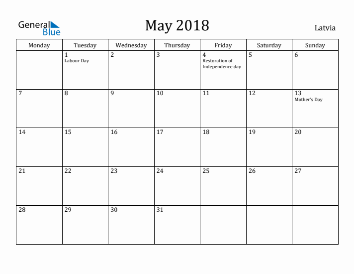 May 2018 Calendar Latvia