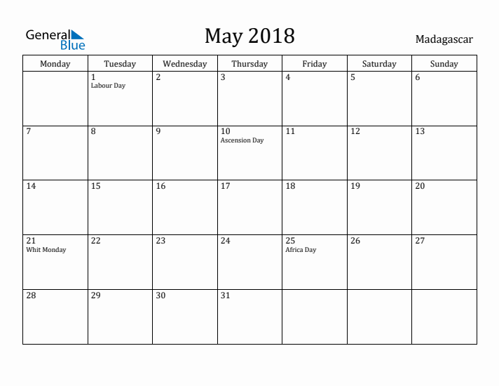 May 2018 Calendar Madagascar