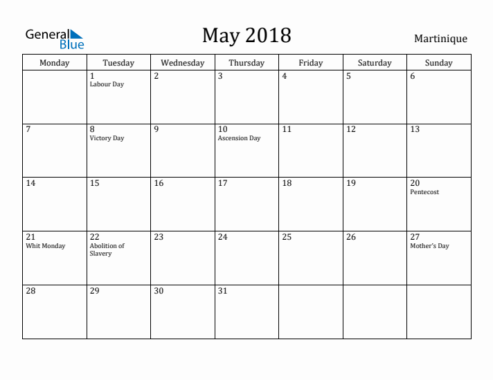 May 2018 Calendar Martinique