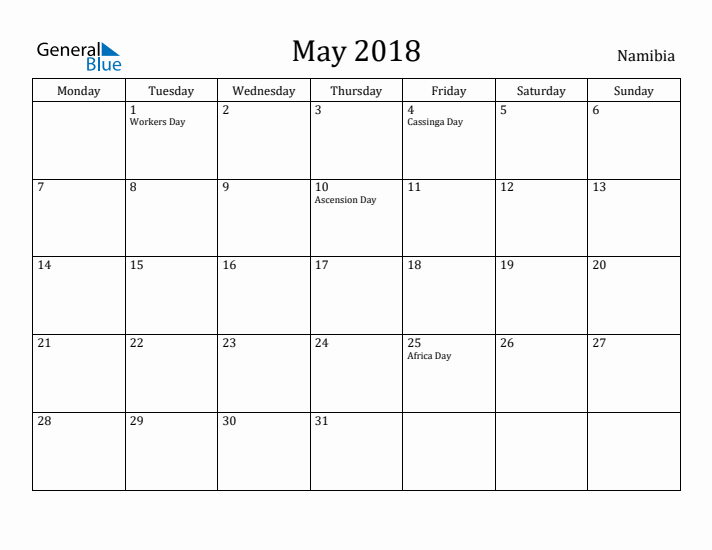 May 2018 Calendar Namibia