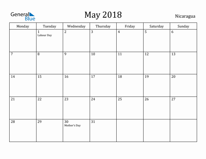 May 2018 Calendar Nicaragua