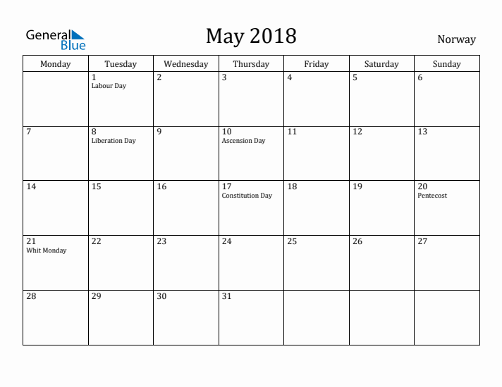 May 2018 Calendar Norway