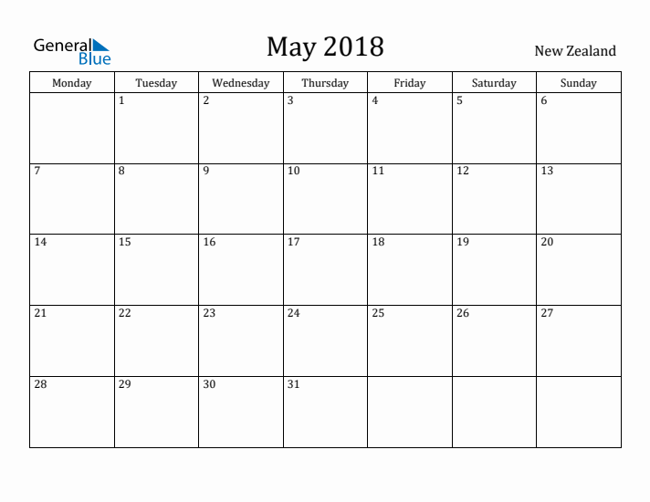 May 2018 Calendar New Zealand