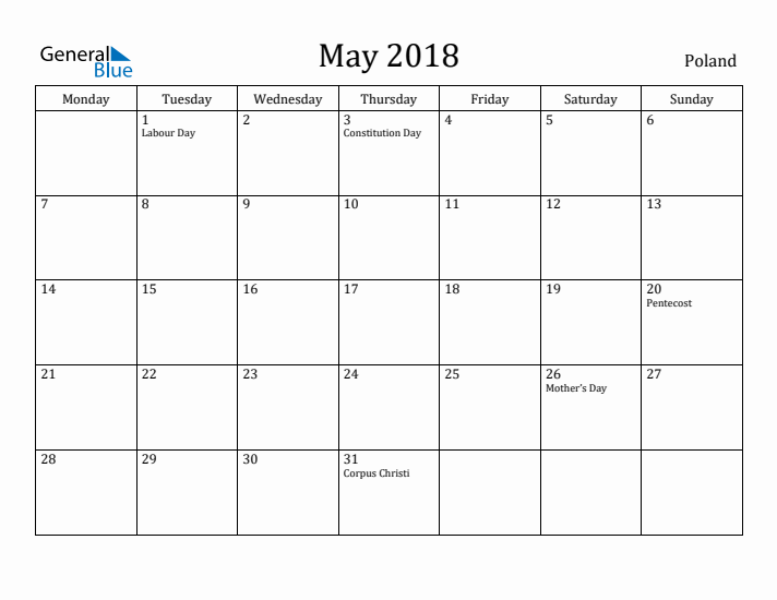 May 2018 Calendar Poland
