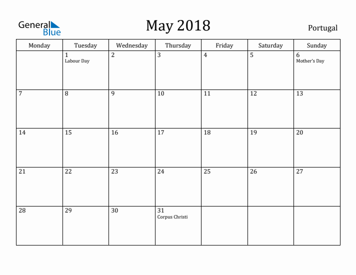 May 2018 Calendar Portugal