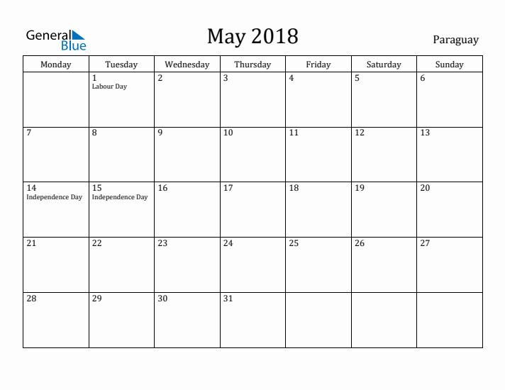 May 2018 Calendar Paraguay