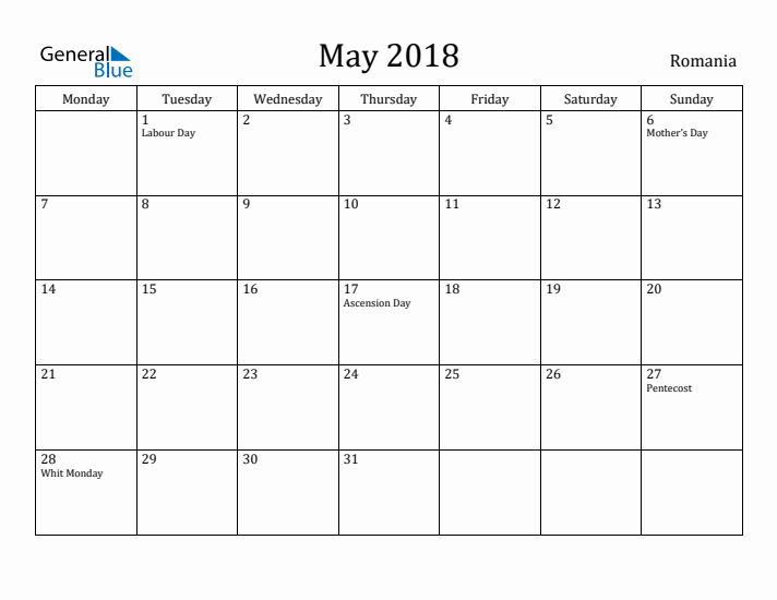 May 2018 Calendar Romania
