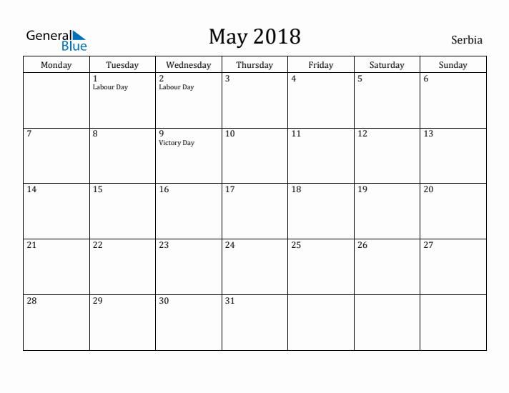 May 2018 Calendar Serbia