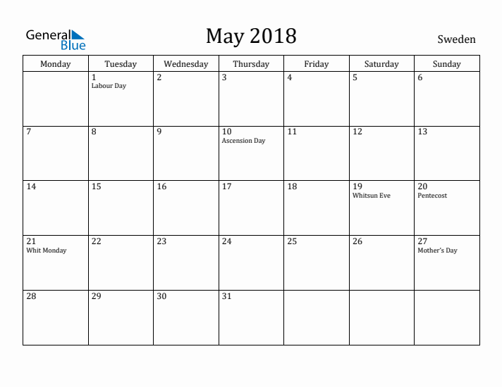May 2018 Calendar Sweden