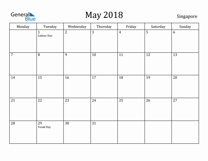 May 2018 Calendar Singapore