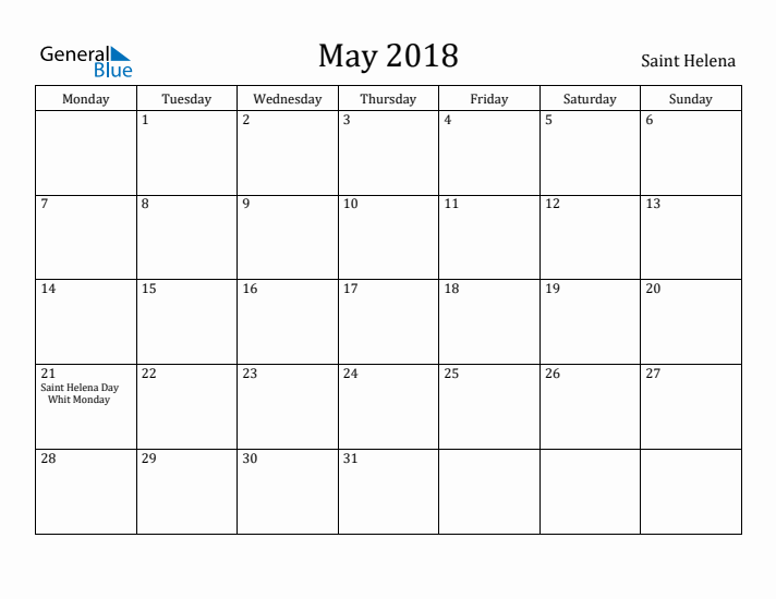 May 2018 Calendar Saint Helena