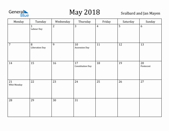 May 2018 Calendar Svalbard and Jan Mayen