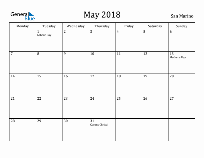 May 2018 Calendar San Marino