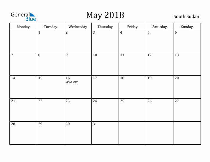 May 2018 Calendar South Sudan