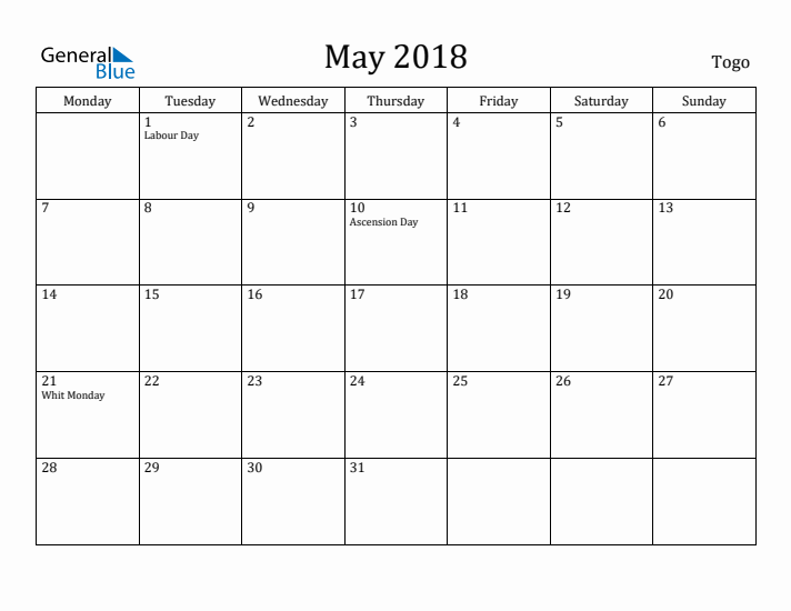 May 2018 Calendar Togo