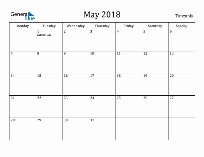 May 2018 Calendar Tanzania