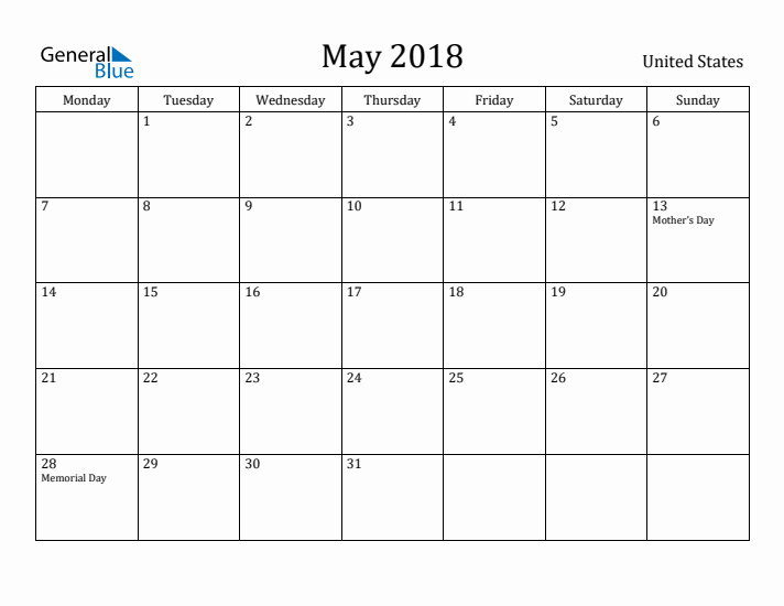 May 2018 Calendar United States