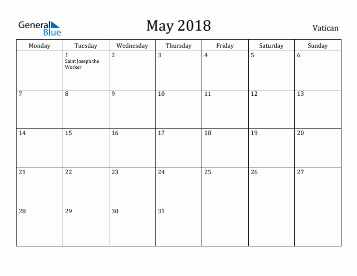 May 2018 Calendar Vatican