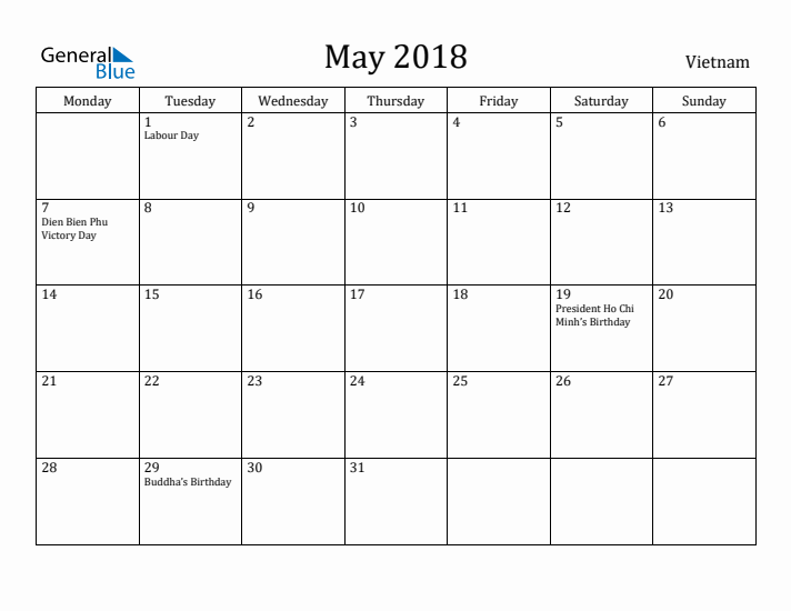 May 2018 Calendar Vietnam