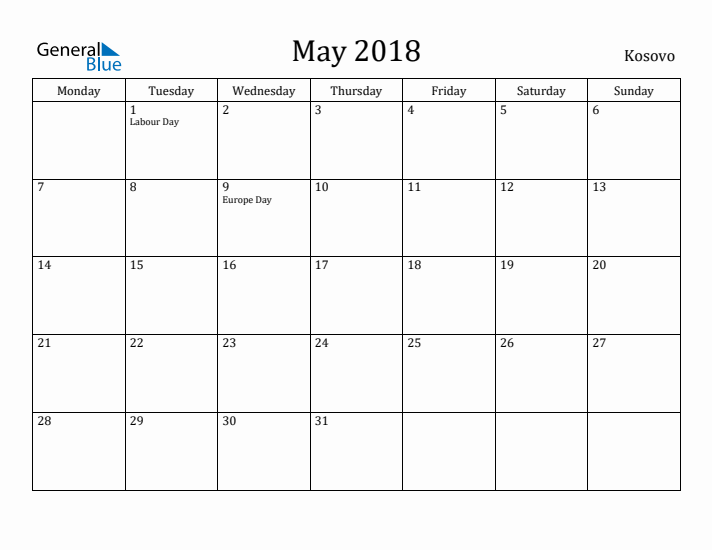 May 2018 Calendar Kosovo