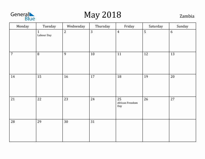 May 2018 Calendar Zambia