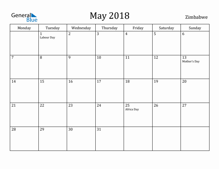 May 2018 Calendar Zimbabwe