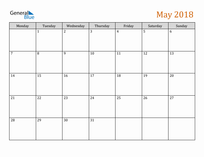 Editable May 2018 Calendar