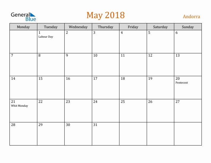 May 2018 Holiday Calendar with Monday Start