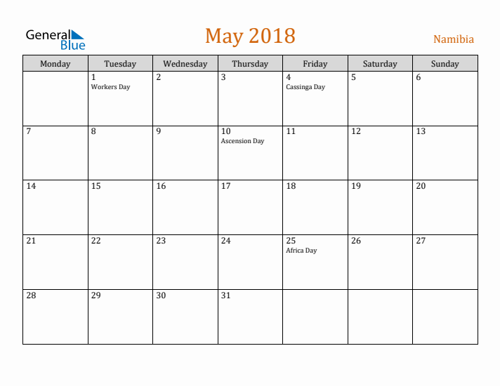 May 2018 Holiday Calendar with Monday Start