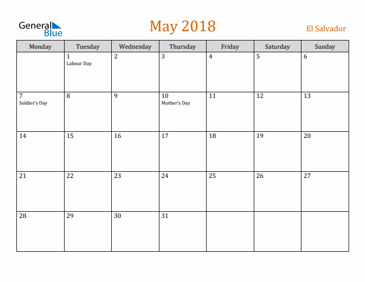 May 2018 Holiday Calendar with Monday Start