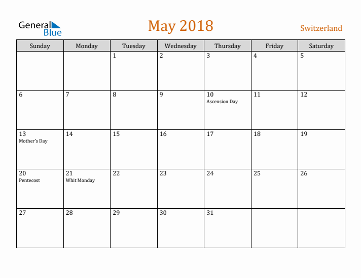 May 2018 Holiday Calendar with Sunday Start