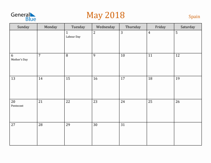 May 2018 Holiday Calendar with Sunday Start