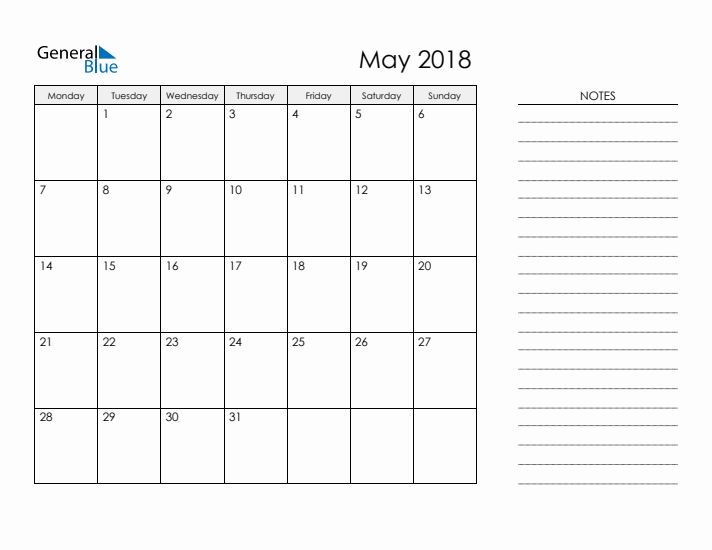 Printable Monthly Calendar with Notes - May 2018