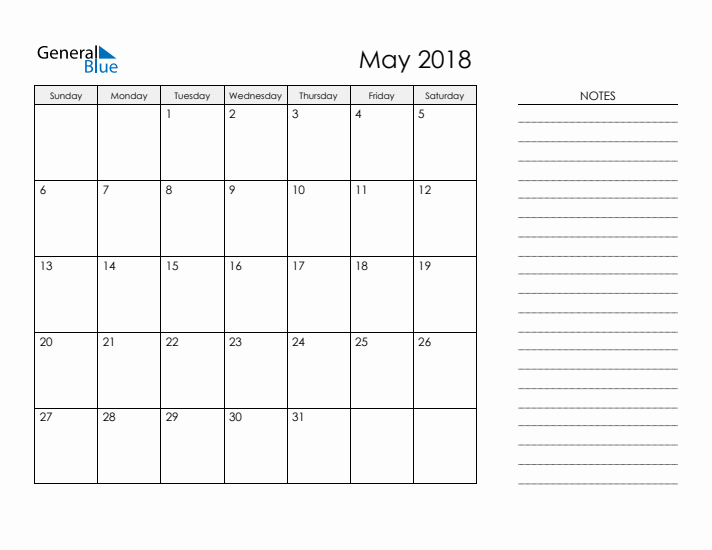 Printable Monthly Calendar with Notes - May 2018