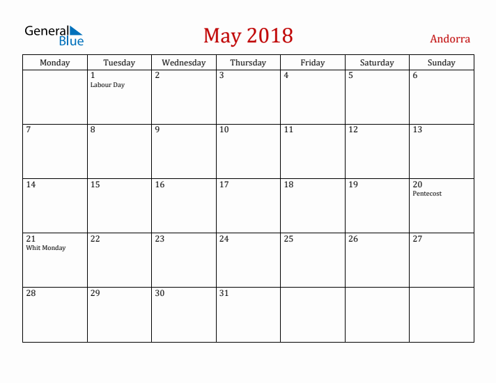 Andorra May 2018 Calendar - Monday Start