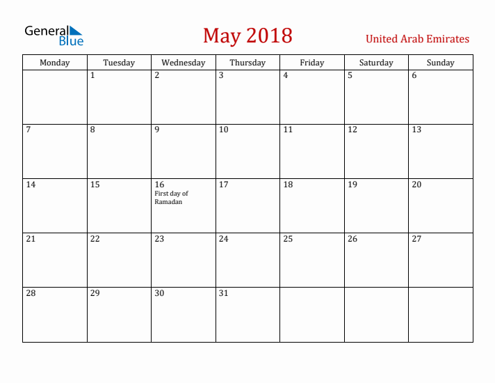 United Arab Emirates May 2018 Calendar - Monday Start
