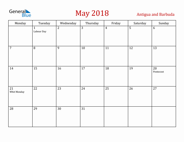 Antigua and Barbuda May 2018 Calendar - Monday Start