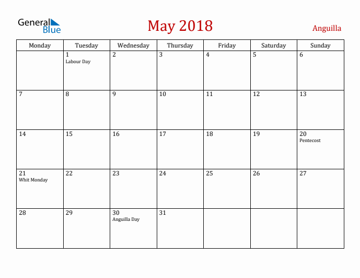 Anguilla May 2018 Calendar - Monday Start