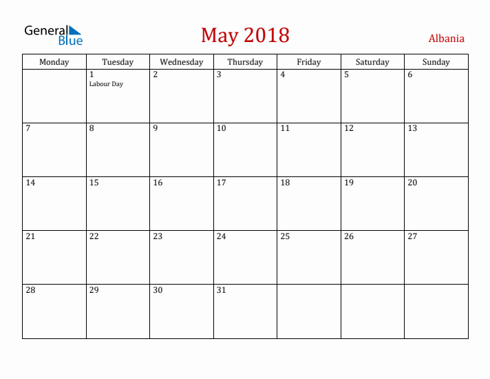 Albania May 2018 Calendar - Monday Start