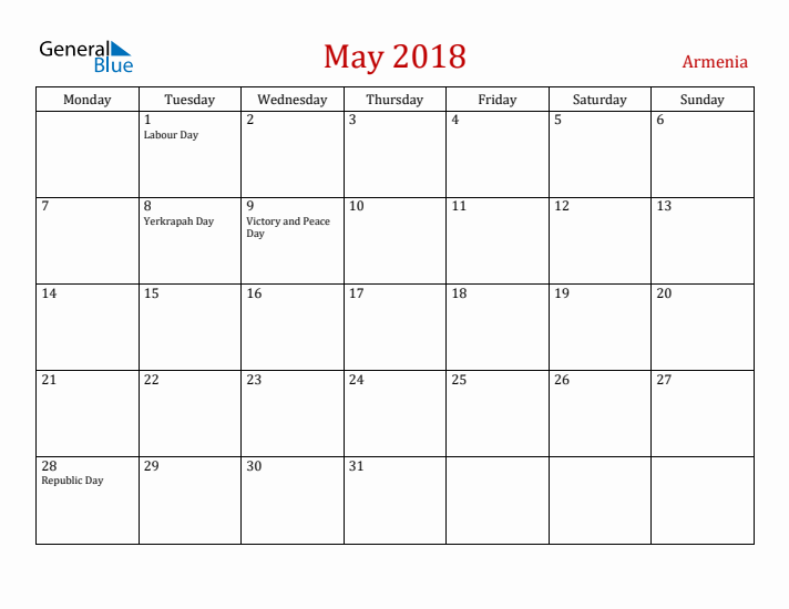 Armenia May 2018 Calendar - Monday Start