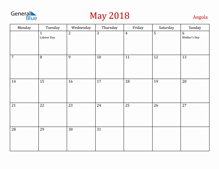 Angola May 2018 Calendar - Monday Start