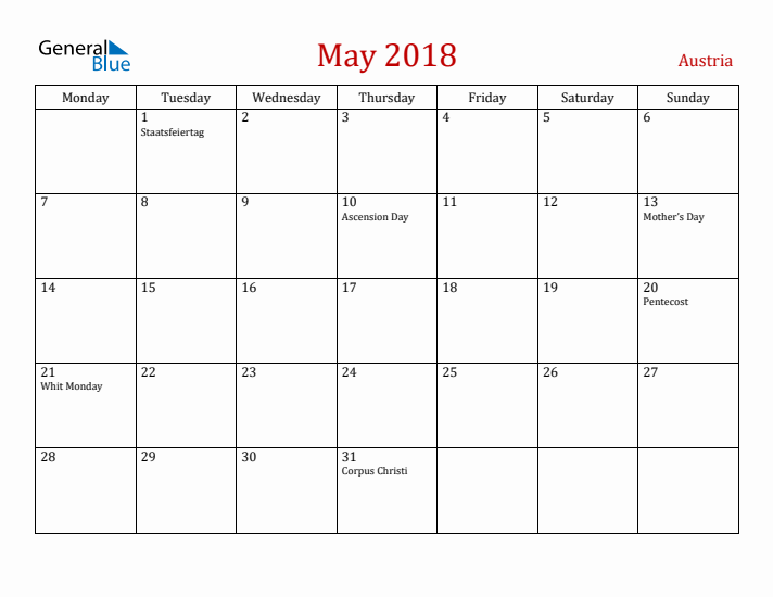 Austria May 2018 Calendar - Monday Start