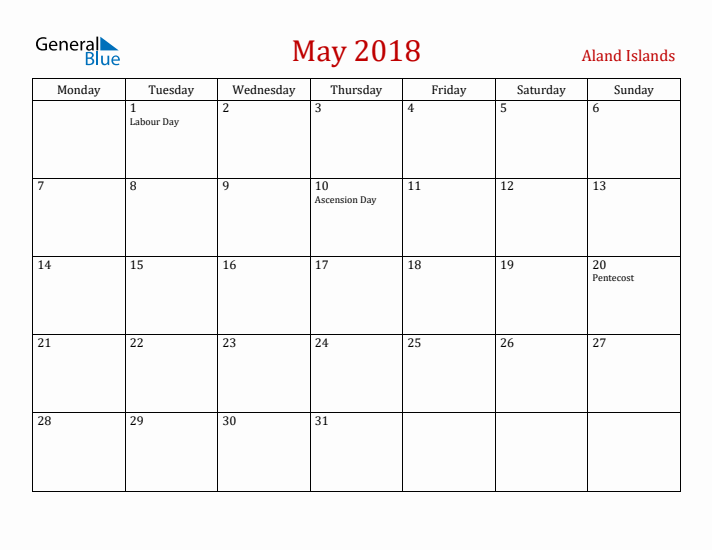 Aland Islands May 2018 Calendar - Monday Start