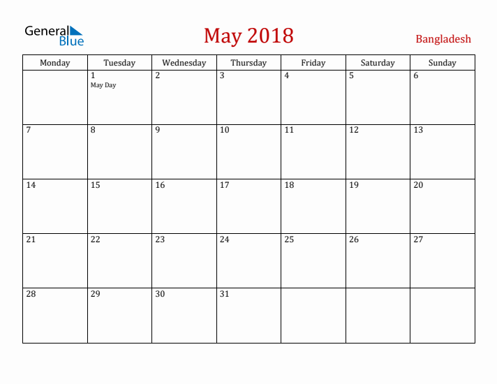Bangladesh May 2018 Calendar - Monday Start